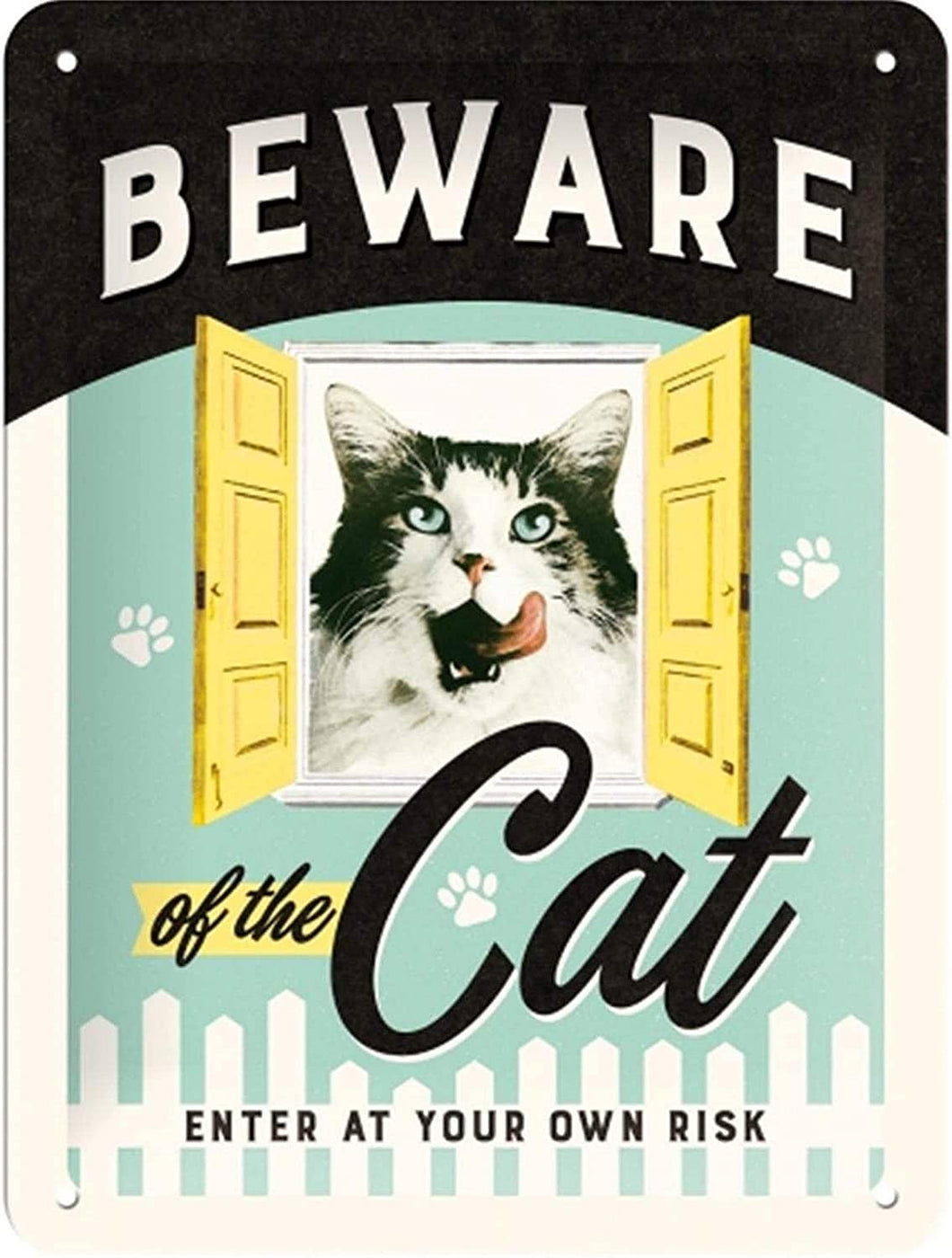 Plaque Beware of The Cat - Gift Idea for Cat Owners, Metal, Retro Design for Decoration, 15 x 20 cm